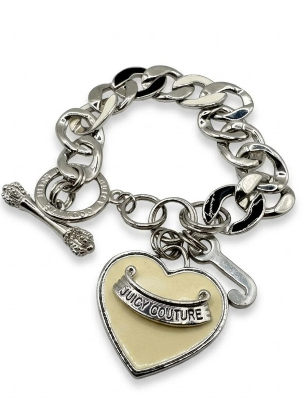 Juicy Couture Silver Tone Enamel Heart Key Crown Toggle Charm Bracelet Y2K